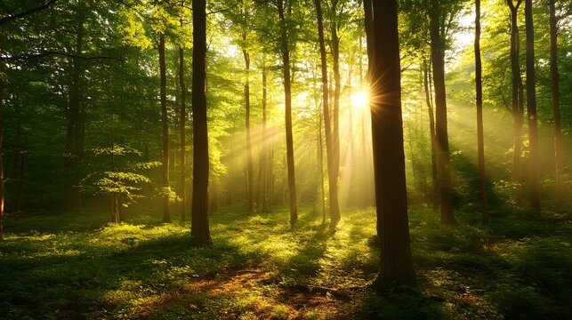 Sunlight shines through lush green forest, creating a serene landscape. Suitable for naturethemed designs, posters, and environmental website headers.