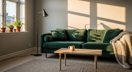  A cozy, minimalist Scandi living room bathed in golden hour light. The primary furniture is a deep emerald green velvet sofa, flanked by a tall, sleek black metal floor lamp and a simple wooden coffe