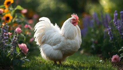 Fototapeta premium Silkie chicken with white fluffy feathers wandering through a lush summer garden, highlighting unique feather texture