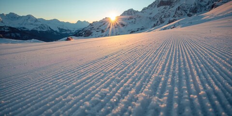 Close up of a snow grooming machine preparing a ski slope during sunset, highlighting slope upkeep for winter sports