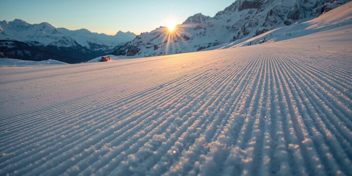 Close up of a snow grooming machine preparing a ski slope during sunset, highlighting slope upkeep for winter sports
