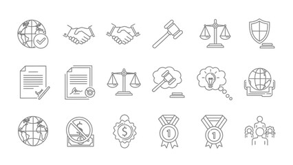 Modern linear icons representing international business law and achievement recognition