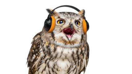 Funny Owl Bird Headshot wearing Orange Headphones and licking its beak isolated PNG with Transparent Background
