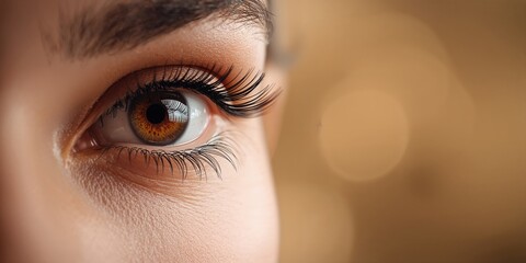 Detailed view of brown eyes highlighting iris patterns, useful for visual focus or eye examination backgrounds