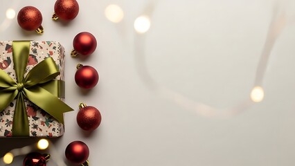 Christmas gift box and red baubles with bokeh lights on a minimalist background
