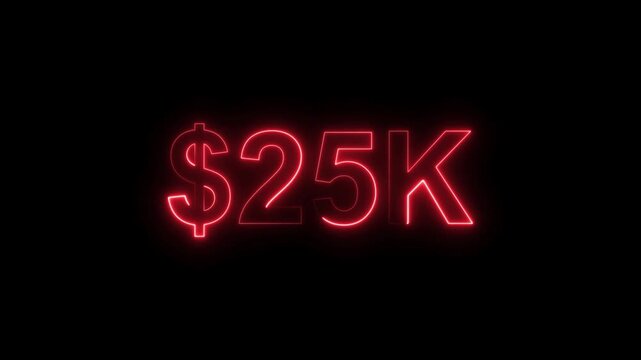 Neon line bright 25k followers isolated red color animation on black background. Vibrant neon shiny 25k text red color animation digits for high-resolution. 