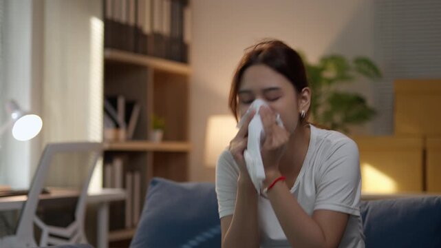 Ill young Asian woman feeling sick with a cold, sitting on the sofa at night and blowing her nose with a paper tissue at home