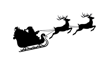 Black silhouette of santa claus and three dynamic flying reindeer pulling a gift-laden sleigh, rendered as crisp minimalist vector art on a clean white background. Iconic holiday journey concept