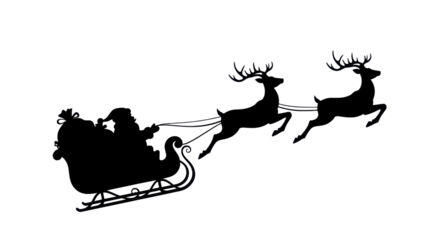 Black silhouette of santa claus and three dynamic flying reindeer pulling a gift-laden sleigh, rendered as crisp minimalist vector art on a clean white background. Iconic holiday journey concept