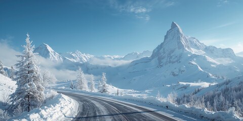 Winter landscape with snow-covered mountains under a clear blue sky, seasonal change awareness day