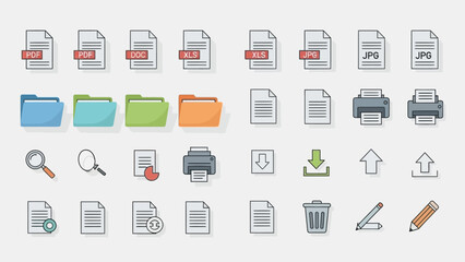 Collection of file management icons, displaying diverse types, formats and actions, suitable for