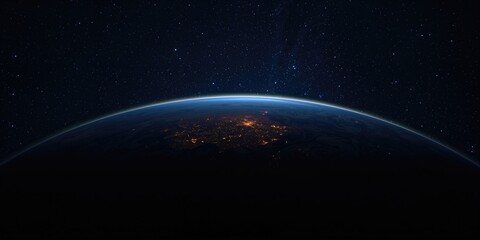 Obraz premium Nighttime view of Earth from outer space highlighting city lights, suitable for digital background design