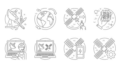 Collection of linear technology icons showcasing global communication and satellite systems