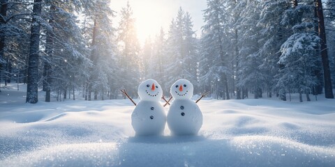 Obraz premium Winter woodland scene with two snowmen, seasonal holiday decoration