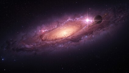 Obraz premium Astronomical image of a galaxy with swirling patterns and bright stars, used as an editorial header background, International Astronomy Day