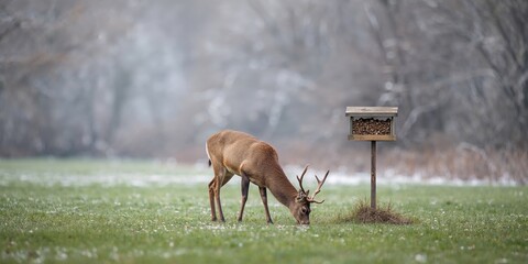 Fototapeta premium Deer feeding beneath a bird feeder in a natural setting, wildlife interaction
