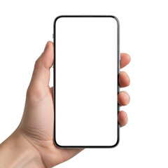 Hand holding modern smartphone with blank white screen isolated on transparent background