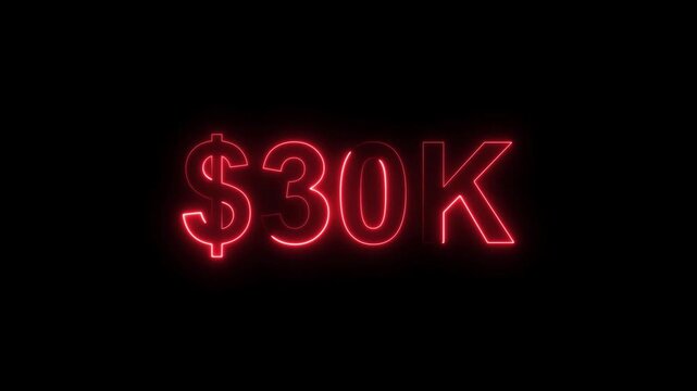 Neon line bright 30k followers isolated red color animation on black background. Vibrant neon shiny 30k text red color animation digits for high-resolution. 