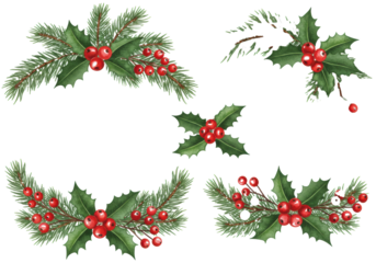 Elegant digital watercolor borders featuring emerald pine and holly, bright crimson berries, and subtle gold dusting on a clean white background, high-quality festive design asset concept
