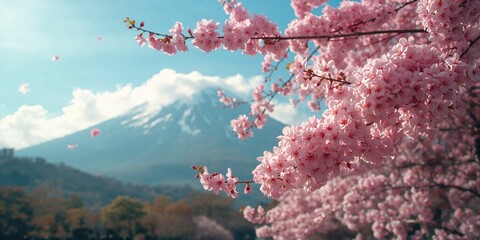 Obraz premium Mountain landscape with blooming cherry trees, highlighting seasonal renewal