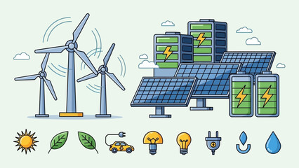 Clean energy solutions showcase with wind turbines solar panels and battery storage