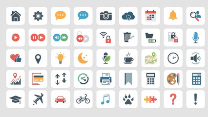 Comprehensive collection of essential vector icons for user interface design and applications