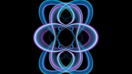 Title: Colorful glowing abstract light loops forming a symmetrical pattern on a black background
