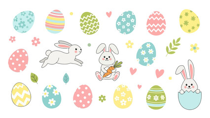Whimsical easter celebration pattern with playful bunnies and pastel decorated eggs