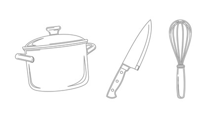 Simple culinary outline illustrations of cooking pot, knife and whisk for recipe design