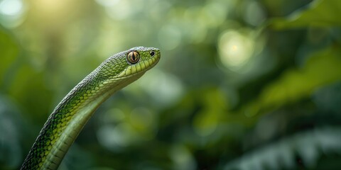 Fototapeta premium Close-up of a Bornean Keeled Pitviper showing textured scales, reptile safety awareness