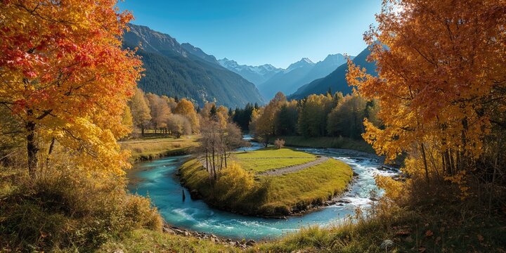 Autumn scenery along the Piave river valley with vibrant foliage, seasonal change, Earth Day