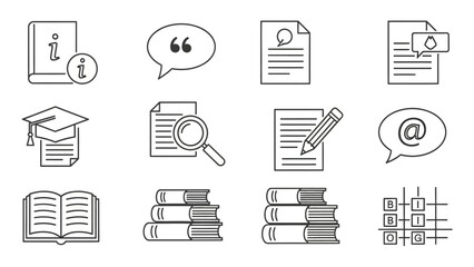 Conceptual educational icons depicting learning, research, and documentation process