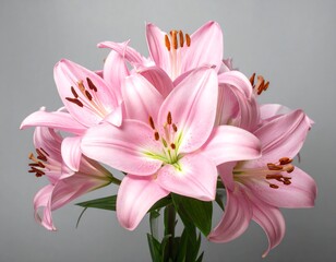 Naklejka premium A close-up view presents a delicate bouquet of light pink blossoms with visible stamens. The flowers are in full bloom