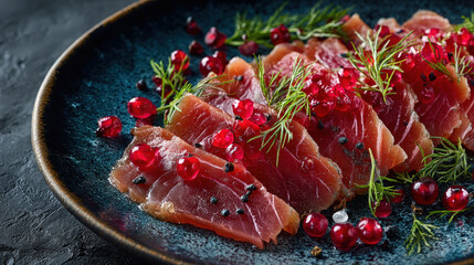Close-up shot of an appetizing dish featuring thinly sliced meat garnished with pomegranate seeds