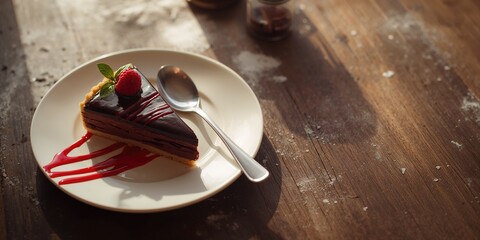 Chocolate tart slice with raspberry sauce, highlighting rich dessert textures