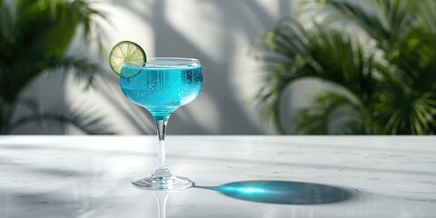 Blue drink served in a traditional cocktail glass on a white surface, ideal for editorial header backgrounds