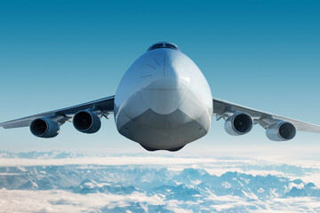 Front view of the white wide body transport cargo aircraft flying in the air over snow covered mountains