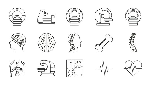 Medical imaging line icons showcasing scanners and anatomical features of human health diagnostics