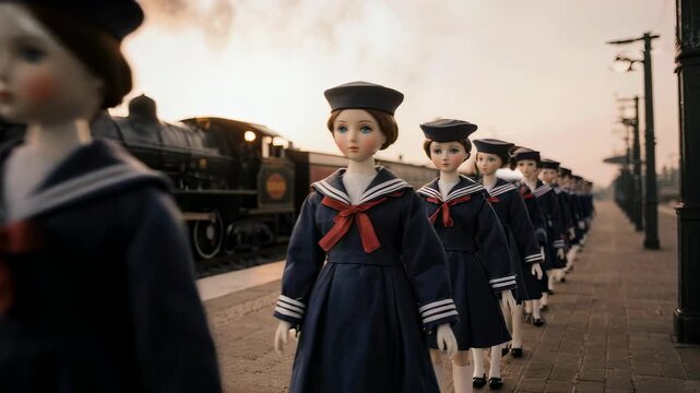 Dolls in sailor outfits stand by a train