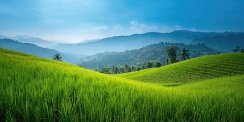 Naklejka premium Mountain landscape with lush rice terraces in Phetchabun province, Thailand, seasonal agricultural scene