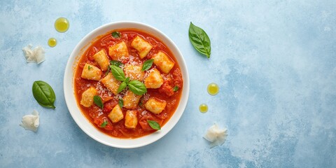 Italian traditional gnocchi with tomato sauce and cheese, carbohydrate content and fresh herbs, World Food Day