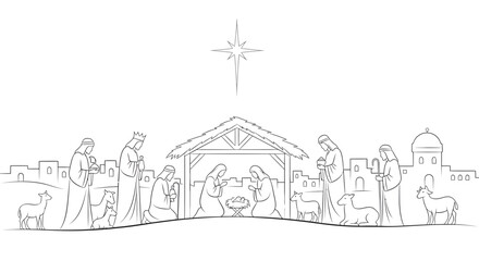 Detailed line art of a traditional nativity scene with Mary Joseph and the three wise men © Ummu MMM
