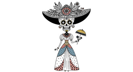 Doodle illustration of a skeleton in a fancy dress and hat, celebrating a cultural event related