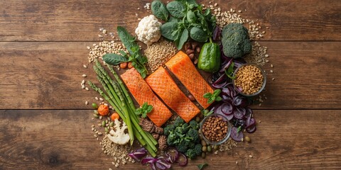 Healthy ingredients for balanced eating on a kitchen table, nutritious food choices