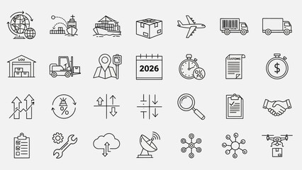 Outline illustration showcasing a comprehensive range of logistics and supply chain management