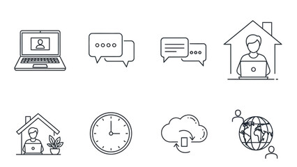 Thin line illustrations depict remote work, communication, and global interaction