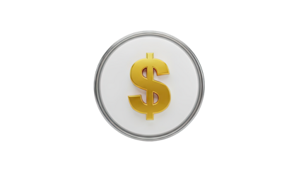 Golden Dollar Sign Emblem on White Circular Badge with Metallic Border Isolated on Transparent Background