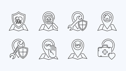 Elegant line art icon set depicting essential services and safety measures navigation application