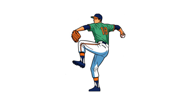 Dynamic baseball pitcher poised for delivery, vector art illustration with classic style showing