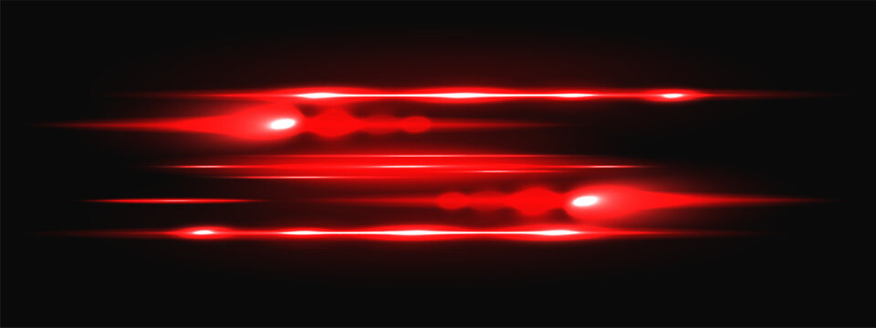 Red laser light with neon beam and glowing flare speed for tech background. Bright energy ray with digital shine effect in dark space. Abstract vector horizontal line isolated overlay